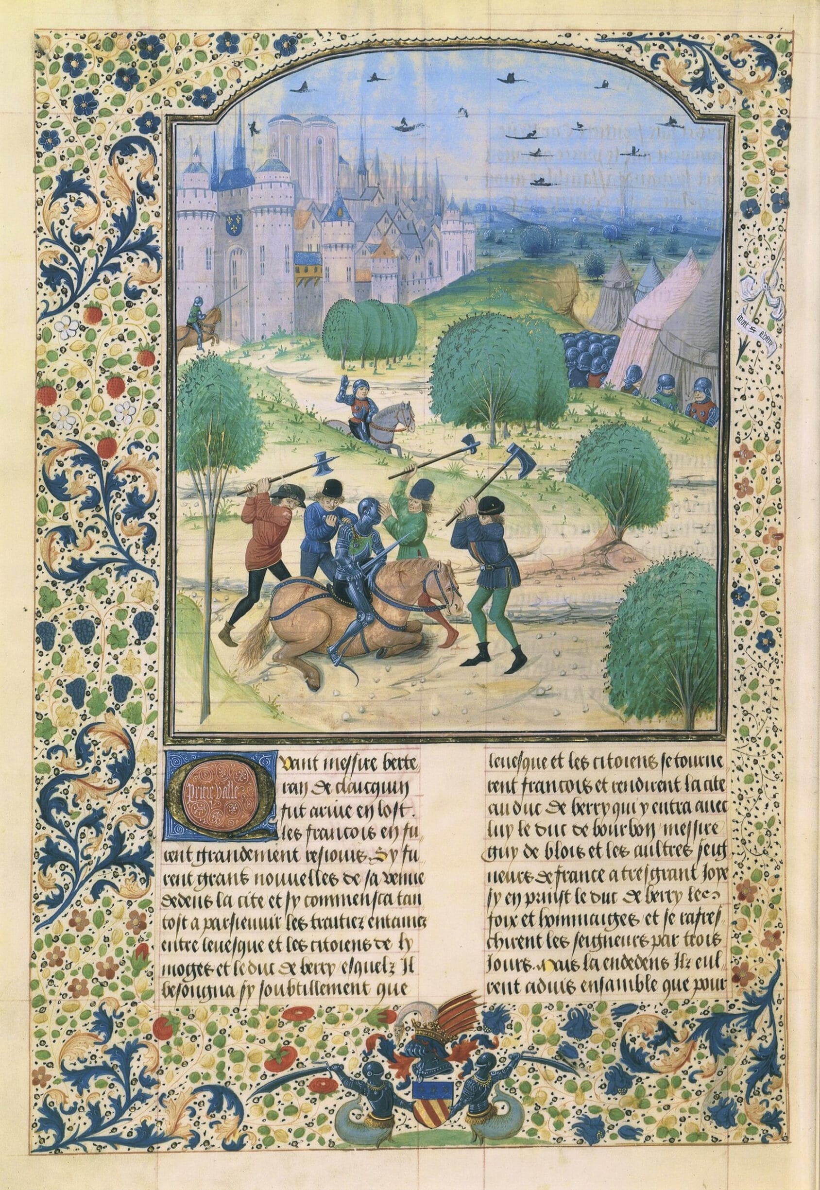 While trying to take the fortress of the Meaux market, where the family of the Dauphin Charles is entrenched, the Jacques and their Parisian allies are surprised by a charge of chivalry from Gaston Phébus and Jean de Grailli (June 9, 1358). Jean Froissart, Chroniques, Flandre, Bruges, 15th century. Illumination on parchment by Loyset Liédet (1420–after 1479 / after 1484), Flemish manuscript illuminator. Collection: National Library of France. Public Domain.