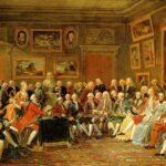 Reading of Voltaire’s L’Orphelin de la Chine (a tragedy about Ghengis Khan and his sons, published in 1755), in the salon of Madame Geoffrin (Malmaison, 1812).  The picture shows a gathering of distinguished guests in the drawing-room of French hostess Marie-Thérèse Rodet Geoffrin (1699-1777) who is seated on the right. Artistic license has been taken, both in terms of the number of attendees, and who could have attended in 1755. At least one is depicted much younger than he would have been in 1755, had he lived that long. Among the many litterary guests are Jean-Jacques Rousseau and Voltaire, the last though in form of a bust. Oil on canvas painted by Anicet Charles Gabriel Lemonnier (1743–1824), French painter. Collection: Château de Malmaison. Public Domain.