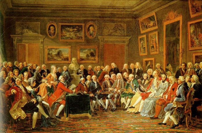 Reading of Voltaire's L'Orphelin de la Chine (a tragedy about Ghengis Khan and his sons, published in 1755), in the salon of Madame Geoffrin (Malmaison, 1812). The picture shows a gathering of distinguished guests in the drawing-room of French hostess Marie-Thérèse Rodet Geoffrin (1699-1777) who is seated on the right. Artistic license has been taken, both in terms of the number of attendees, and who could have attended in 1755. At least one is depicted much younger than he would have been in 1755, had he lived that long. Among the many litterary guests are Jean-Jacques Rousseau and Voltaire, the last though in form of a bust. Oil on canvas painted by Anicet Charles Gabriel Lemonnier (1743–1824), French painter. Collection: Château de Malmaison. Public Domain.