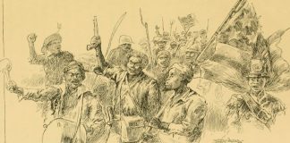 The 1811 German Coast Uprising was a slave revolt in parts of the Orleans Territory in the United States. Date: 10 January 1811. Book illustration by L. J. Bridgman. From M. Thompson (1888). The Story of Louisiana. Boston: Berwick & Smith. Public Domain. See below 8 january 1811.