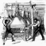Frame-breakers, or Luddites, smashing a loom. Machine-breaking was criminalized by the Parliament of the United Kingdom as early as 1721, the penalty being penal transportation, but as a result of continued opposition to mechanisation the Frame-Breaking Act 1812 made the death penalty available: see “Criminal damage in English law”. Original unknown. Public Domain.