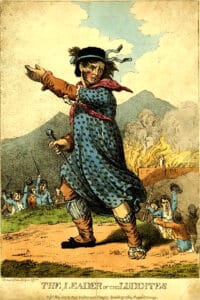 The Leader of the Luddites. Published in May 1812 by Messrs. Walker and Knight, Sweetings Alley, Royal Exchange. Drawinng: Unknown. Public Domain.