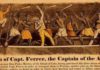 "Death of Capt. Ferrer, the Captain of the Amistad, July 1839." Caption: "Don Jose Ruiz and Don Pedro Montez of the Island of Cuba, having purchased fifty-three slaves at Havana, recently imported from Africa, put them on board the Amistad, Capt. Ferrer, in order to transport them to Principe, another port on the Island of Cuba. After being out from Havana about four days, the African captives on board, in order to obtain their freedom, and return to Africa, armed themselves with cane knives, and rose upon the Captain and crew of the vessel. Capt. Ferrer and the cook of the vessel were killed; two of the crew escaped; Ruiz and Montez were made prisoners." Date: 1840. Color Engraving and Frontispiece from John Warner Barber (1840). A History of the Amistad Captives. New Haven, Connecticut: E.L. and J.W. Barber, Hitchcock & Stafford, Printers. Public Domain. See below 1 Juli 1839.