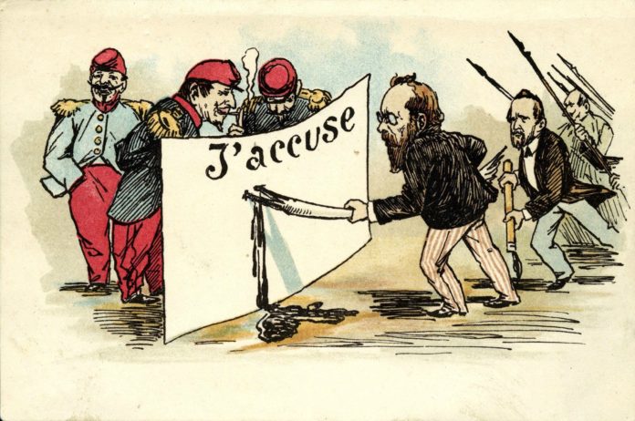 Satirikeren Daumiers fremstilling af Emile Zolas indgreb i Dreyfus-affæren, 1899. Public Domain. Se 13.januar 1898.