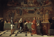 Galileo before the Holy Office. In front of the Inquisition, Galileo renounces the belief that the Earth moves around the Sun, and not the other way around. Painting from 1847 by Joseph-Nicolas Robert-Fleury (1797–1890), French painter. Collection: Musei de Louvre, Paris, France. Public Domain.