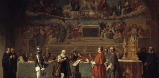 Galileo before the Holy Office. In front of the Inquisition, Galileo renounces the belief that the Earth moves around the Sun, and not the other way around. Painting from 1847 by Joseph-Nicolas Robert-Fleury (1797–1890), French painter. Collection: Musei de Louvre, Paris, France. Public Domain.