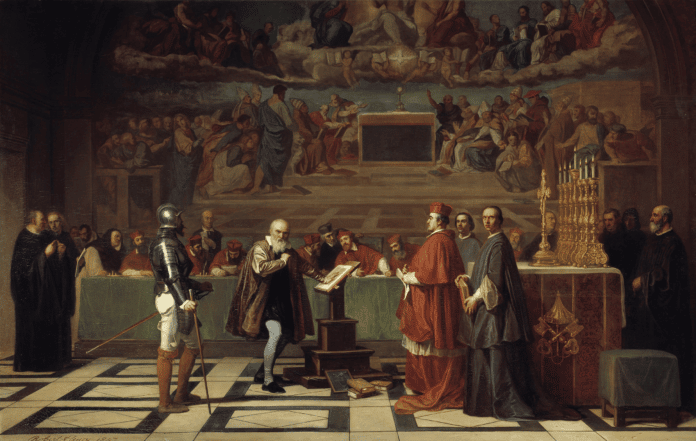 Galileo before the Holy Office. In front of the Inquisition, Galileo renounces the belief that the Earth moves around the Sun, and not the other way around. Painting from 1847 by Joseph-Nicolas Robert-Fleury (1797–1890), French painter. Collection: Musei de Louvre, Paris, France. Public Domain.