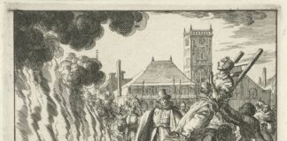 Anneken Hendriks is burned in Amsterdam 1571. Anneken was a Frisian housewife, Anabaptist since 1552. In October 1571, she was identified in Amsterdam and sentenced to death. The executioner was ordered to fill her mouth with gunpowder, tie her to a ladder, and throw her onto a bed of burning coals. Engraving by Jan Luyken (1649–1712), Dutch poet, illustrator and engraver, for the second edition of El Espejo de los Mártires (The Mirror of the Martyrs), 1685. Collektion: Rijksmuseum, Amsterdam, The Netherlands. Public Domain.