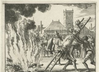 Anneken Hendriks is burned in Amsterdam 1571. Anneken was a Frisian housewife, Anabaptist since 1552. In October 1571, she was identified in Amsterdam and sentenced to death. The executioner was ordered to fill her mouth with gunpowder, tie her to a ladder, and throw her onto a bed of burning coals. Engraving by Jan Luyken (1649–1712), Dutch poet, illustrator and engraver, for the second edition of El Espejo de los Mártires (The Mirror of the Martyrs), 1685. Collektion: Rijksmuseum, Amsterdam, The Netherlands. Public Domain.