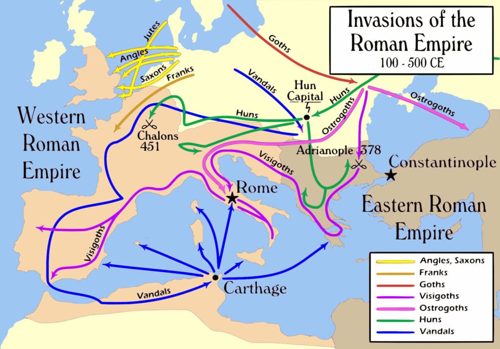 Map of the "barbarian" invasions by the Angles, Saxons, Jutes, Franks, Goths, Visigoths, Ostrogoths, Huns and Vandals of the Roman Empire showing the major incursions from 100 to 500 CE. By MapMaster, 26 May 2019. (CC BY-SA 2.5).