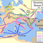 Map of the “barbarian” invasions by the Angles, Saxons, Jutes, Franks, Goths, Visigoths, Ostrogoths, Huns and Vandals of the Roman Empire showing the major incursions from 100 to 500 CE. By MapMaster, 26 May 2019. (CC BY-SA 2.5).