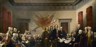 Declaration of Independence, 4. juli 1776. Oil on canvas painted in 1819 by John Trumbull (1756–1843) depicting the five-man drafting committee of the Declaration of Independence presenting their work to the Congress. The painting can be found on the back of the U.S. $2 bill. The original hangs in the US Capitol rotunda. Collection: United States Capitol. Source/Photographer: US Capitol. Public Domain. Se below 4 July 1776.