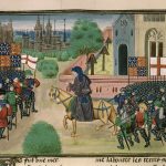 An illustration of the priest John Ball (“Jehã Balle”) on a horse encouraging Wat Tyler’s rebels (“Waultre le tieulier”) of 1381, from a ca. 1470 manuscript of Jean Froissart’s Chronicles in the British Library. There are two flags of England (St. George’s cross flags) and two banners of the Plantagenet royal coat of arms of England (quarterly France ancient and England), and an implausible number of unmounted soldiers wearing full plate armour among the rebels. Artist: Unknown medieval artist illustrating Froissart’s Chronicles in the last quarter of the 15th century, before 1483. Collection: Detail of British Library manuscript “Royal 18 E. I f.165v”. Public Domain.