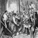 Romulus Augustulus resigns the Roman crown to an Odoacer. 19th century illustration. Artist: Unknown.  Public Domain.