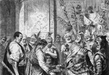 Romulus Augustulus resigns the Roman crown to an Odoacer. 19th century illustration. Artist: Unknown. Public Domain.