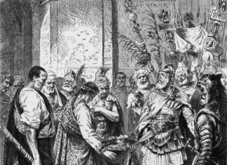 Romulus Augustulus resigns the Roman crown to an Odoacer. 19th century illustration. Artist: Unknown. Public Domain.