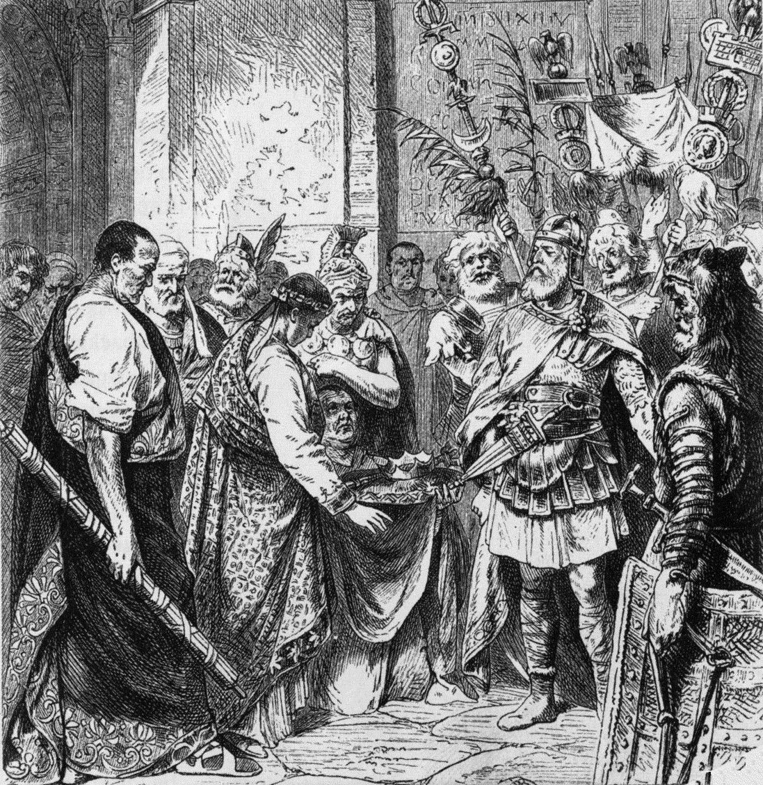 Romulus Augustulus resigns the Roman crown to an Odoacer. 19th century illustration. Artist: Unknown. Public Domain.