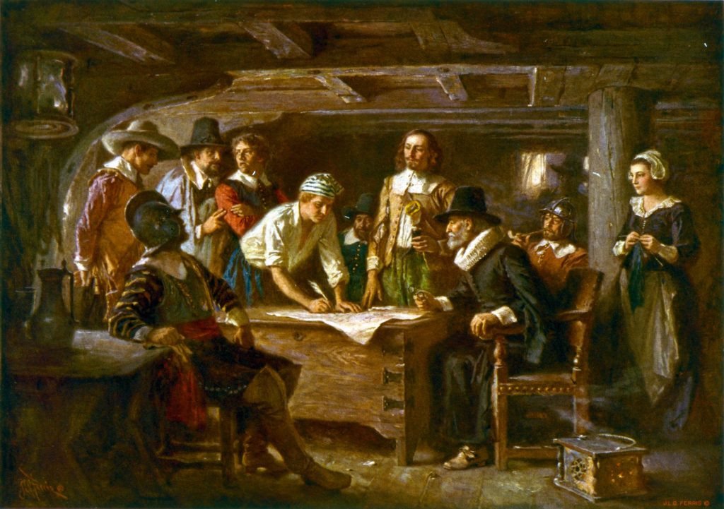 The Mayflower Compact, 1620. Passengers of the Mayflower signing the "Mayflower Compact" including Carver, Winston, Alden, Myles Standish, Howland, Bradford, Allerton, and Fuller. Oil painting on canvas by Jean Leon Gerome Ferris (1863–1930), American jongleur. Photomechanical print : halftone, color (postcard made from painting). Postcard published by The Foundation Press, Inc., 1932. Reproduction of oil painting from series: The Pageant of a Nation. Public Domain.