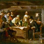 The Mayflower Compact, 1620. Passengers of the Mayflower signing the “Mayflower Compact” including Carver, Winston, Alden, Myles Standish, Howland, Bradford, Allerton, and Fuller. Oil painting on canvas by Jean Leon Gerome Ferris (1863–1930), American jongleur. Photomechanical print : halftone, color (postcard made from painting). Postcard published by The Foundation Press, Inc., 1932. Reproduction of oil painting from series: The Pageant of a Nation. Public Domain.
