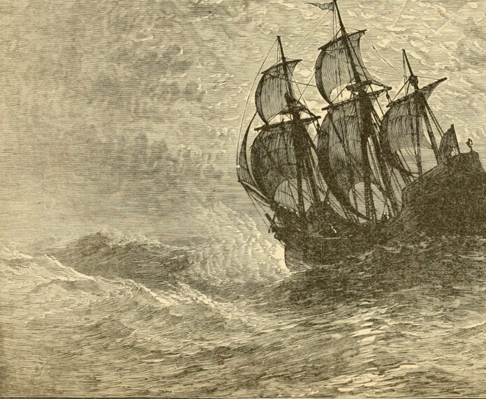 The Mayflower at sea. Illustration from the book: United States; a history: the most complete and most popular history of the United States of America from the aboriginal times to the present day.., 1893 (1890s) Author: John Clark Ridpath 1840-1900. Publisher: Boston, New York, The United States history co. Contributing Library: The Library of Congress Digitizing Sponsor: Sloan Foundation. Public Domain.