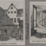 Grafik fra Theatret i Grønnegade. Til venstre Theatret og til højre Gamle Logedøre fra Theatret. Datering og kunstner ikke oplyst. Fra Det Kgl. Biblioteks Billedsamling. (CC BY-NC-ND 4.0).