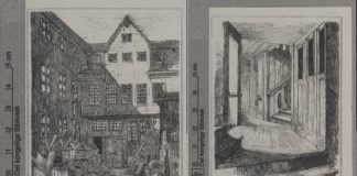 Grafik fra Theatret i Grønnegade. Til venstre Theatret og til højre Gamle Logedøre fra Theatret. Datering og kunstner ikke oplyst. Fra Det Kgl. Biblioteks Billedsamling. (CC BY-NC-ND 4.0).