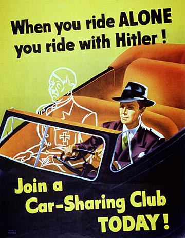 World War II image from the United States government. From archive.org: "When You Ride Alone You Ride With Hitler ! Join a car-sharing club TODAY !" by Weimer Pursell, 1943. Printed by the Government Printing Office for the Office of Price Administration. NARA. Public Domain.