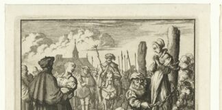 Maria van Beckum and her sister-in-law Ursel burned in Delden, 1544. The Baptist Mary of Beckum chained to a stake at the front right to be burned. On the left her sister-in-law Ursel, held by a servant of the law. Soldiers and bystanders in the background. Etching made in 1683-1685 by Jan Luyken (1649–1712), Dutch engraver, poet, painter and writer. The prints used as illustrations for: Theater des martyrs, depuis la mort de J. Christ jusqu'à present (...). = Schau-buhne der Martyrer, P. van der Aa, Leiden ca. 1715, no. 57. The prints were originally made for and first used in: T.J. van Bragt, The bloody scene, or Martelaer's mirror of the baptized-minded or unrelenting Christians, 1685. Collection: Rijksmuseum, Amsterdam, Nederlands. Public Domain.