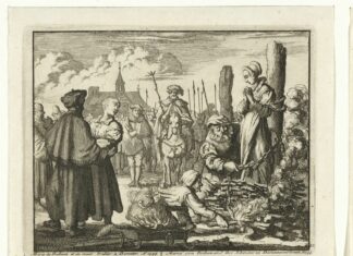 Maria van Beckum and her sister-in-law Ursel burned in Delden, 1544. The Baptist Mary of Beckum chained to a stake at the front right to be burned. On the left her sister-in-law Ursel, held by a servant of the law. Soldiers and bystanders in the background. Etching made in 1683-1685 by Jan Luyken (1649–1712), Dutch engraver, poet, painter and writer. The prints used as illustrations for: Theater des martyrs, depuis la mort de J. Christ jusqu'à present (...). = Schau-buhne der Martyrer, P. van der Aa, Leiden ca. 1715, no. 57. The prints were originally made for and first used in: T.J. van Bragt, The bloody scene, or Martelaer's mirror of the baptized-minded or unrelenting Christians, 1685. Collection: Rijksmuseum, Amsterdam, Nederlands. Public Domain.