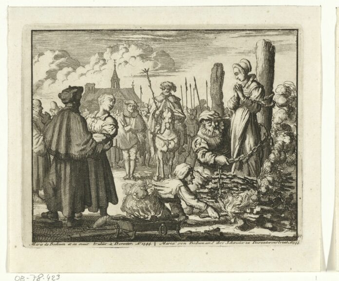 Maria van Beckum and her sister-in-law Ursel burned in Delden, 1544. The Baptist Mary of Beckum chained to a stake at the front right to be burned. On the left her sister-in-law Ursel, held by a servant of the law. Soldiers and bystanders in the background. Etching made in 1683-1685 by Jan Luyken (1649–1712), Dutch engraver, poet, painter and writer. The prints used as illustrations for: Theater des martyrs, depuis la mort de J. Christ jusqu'à present (...). = Schau-buhne der Martyrer, P. van der Aa, Leiden ca. 1715, no. 57. The prints were originally made for and first used in: T.J. van Bragt, The bloody scene, or Martelaer's mirror of the baptized-minded or unrelenting Christians, 1685. Collection: Rijksmuseum, Amsterdam, Nederlands. Public Domain.