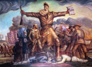 Tragic Prelude. A mural in the Kansas State Capitol. He carries in one hand a Bible and in the other a Beecher's Bible (rifle). Union and Confederate forces are fighting, with casualties. A tornado approaches in the background, as does a prairie fire, both common in Kansas. Oil and tempera painted in 1938 by John Steuart Curry (1897–1946), American painter and printmaker. Collection: Kansas State Capitol, USA. Public Domain.