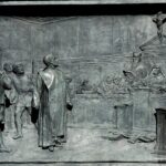 Retssagen mod Giordano Bruno ved den romerske Inquisition. Bronzerelief af Ettore Ferrari (1845-1929), Campo de’ Fiori, Rome. Foto: Jastrow, 2006, Public Domain.