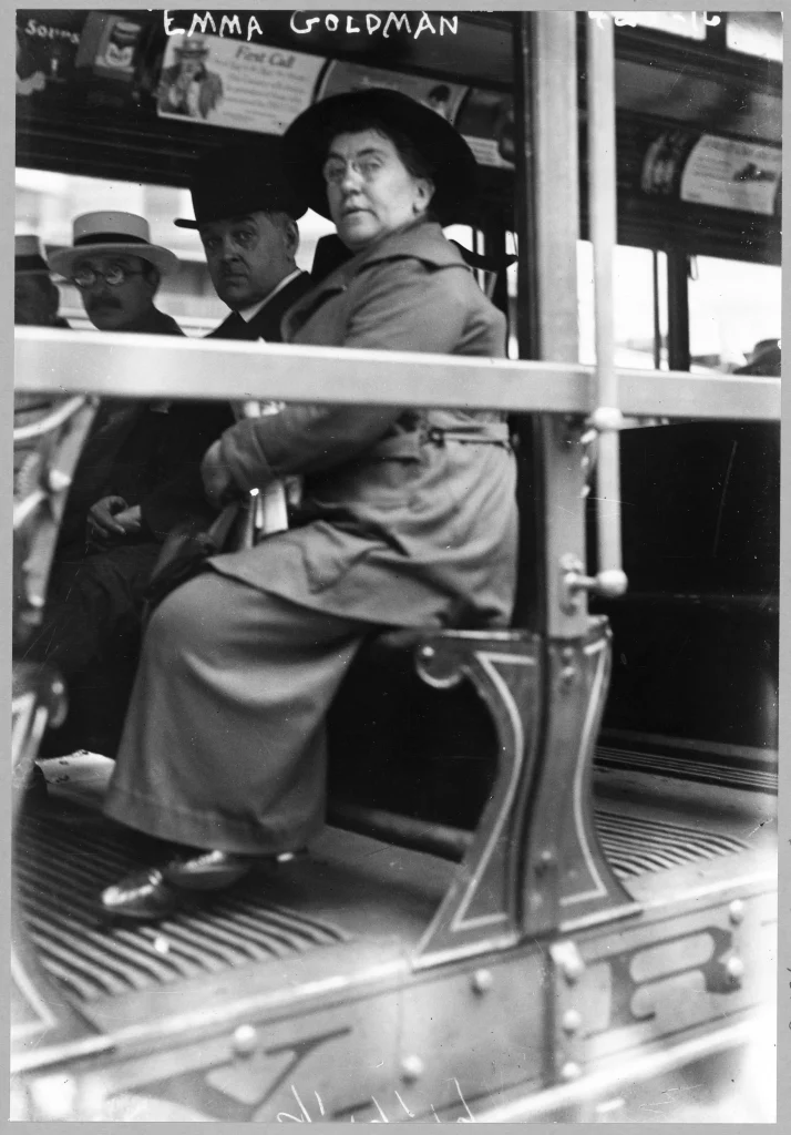 Emma Goldman on a Street Car, From the Bain Collection (Library of Congress), 1917. Photograph by Bain News Service. Public Domain. 