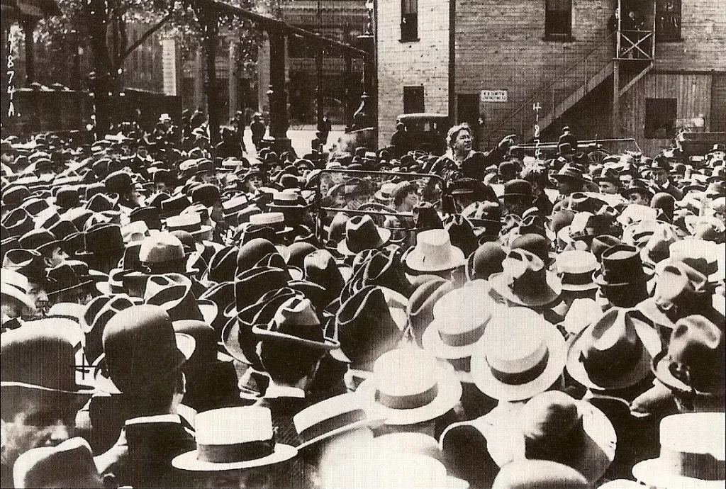 Emma Goldman addressing a crowd at Union Square, New York on 21 May 1916. Photo: Unknown. Public Domain. Collection: Corbis Images for Education.