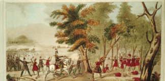 Battle of the Thames and the death of Tecumseh, by the Kentucky mounted volunteers led by Colonel Richard M. Johnson, 5th Oct. 1813. Lithograph, hand coloured made 1833 by William Emmons (1792-1875). Collection: the United States Library of Congress's Prints and Photographs division. Public Domain.