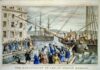 "The Destruction of Tea at Boston Harbor", 1773. Colored lithograph made in 1846 by Nathaniel Currier (1813–1888), US lithigrapher. Public Domain.
