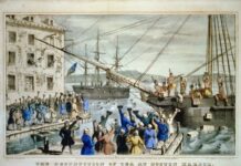 "The Destruction of Tea at Boston Harbor", 1773. Colored lithograph made in 1846 by Nathaniel Currier (1813–1888), US lithigrapher. Public Domain.