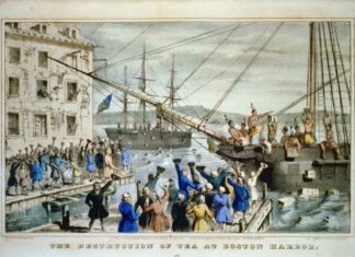 "The Destruction of Tea at Boston Harbor", 1773. Colored lithograph made in 1846 by Nathaniel Currier (1813–1888), US lithigrapher. Public Domain.