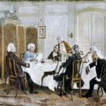 Immanuel Kant with friends, including Christian Jakob Kraus, Johann Georg Hamann, Theodor Gottlieb von Hippel and Karl Gottfried Hagen. Painted in 1892/1893 by Emil Doerstling (1859-1940), German painter. Public Domain.