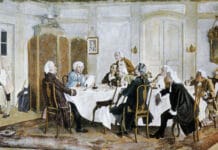 Immanuel Kant with friends, including Christian Jakob Kraus, Johann Georg Hamann, Theodor Gottlieb von Hippel and Karl Gottfried Hagen. Painted in 1892/1893 by Emil Doerstling (1859-1940), German painter. Public Domain.