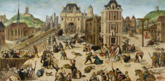 The Massacre of San Bartolomé - an event in the French Wars of Religion. Oil on walnut wood painted between circa 1572 and circa 1584 by François Dubois (1529–1584), French painter. Collection: Musée cantonal des Beaux-Arts, Lausanne, Suisse. Public Domain.