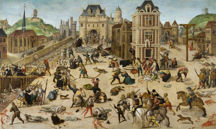 The Massacre of San Bartolomé - an event in the French Wars of Religion. Oil on walnut wood painted between circa 1572 and circa 1584 by François Dubois (1529–1584), French painter. Collection: Musée cantonal des Beaux-Arts, Lausanne, Suisse. Public Domain.