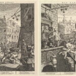 Combined image of “Beer Street” and “Gin Lane”. Two Engravings made 1751 by William Hogarth (1697–1764), British painter and engraver. Public Domain.