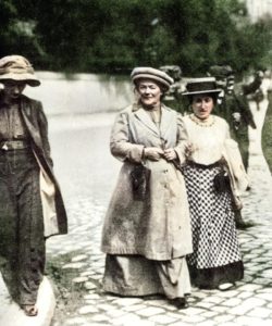 Rosa Luxemburg walks through streets of Mannheim with fellow revolutionary socialist, Clara Zetkin, 1910. Colered version.