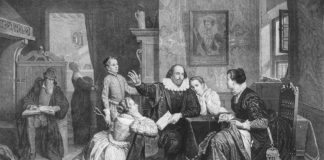 Illustration of William Shakespeare reciting his play Hamlet to his family. His wife, Anne Hathaway, is sitting in the chair on the right; his son Hamnet is behind him on the left; his two daughters Susanna and Judith are on the right and left of him. Hamnet&Judith are twins. Photo of Engraving from circa 1890 by unknown German artist. Public Domain.