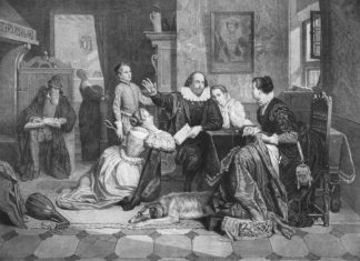 Illustration of William Shakespeare reciting his play Hamlet to his family. His wife, Anne Hathaway, is sitting in the chair on the right; his son Hamnet is behind him on the left; his two daughters Susanna and Judith are on the right and left of him. Hamnet&Judith are twins. Photo of Engraving from circa 1890 by unknown German artist. Public Domain.