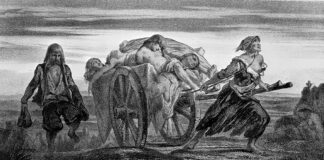 A cart of plague victims at Elliant drawn by a woman in rags. Lithograph from 1852 by Jean-Pierre Moynet (1819-1876), French painter, theatre designer, lithographer, after Louis-Jean-Noël Duveau (1818-1867), French painter. Collection: Wellcome Trust. (CC BY 4.0).