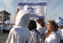 Schreenshot from the film "Defamation", af Yoav Shamir: The films Israeli schoolchildren with banners visits the KZ-Camp Auschwitz.