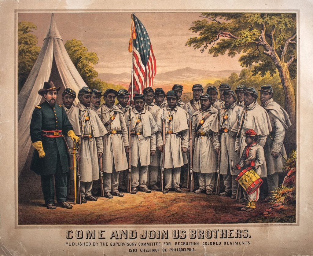 A black regiment with a white commander: Come and Join Us Brothers, by the Supervisory Committee For Recruiting Colored Regiments, 1 January 1865. Public Domain.