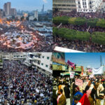 A collage for MENA protests. Clockwise from top left: 2011 Egyptian revolution (February 9, 2011), Tunisian revolution (14 Jan 2011), 2011 Yemeni uprising, 2011 Syrian (Banyas demonstration) uprising. Compiled and uploaded 12 april 2011 by HonorTheKing at English Wikipedia. (CC BY-SA 3.0).
